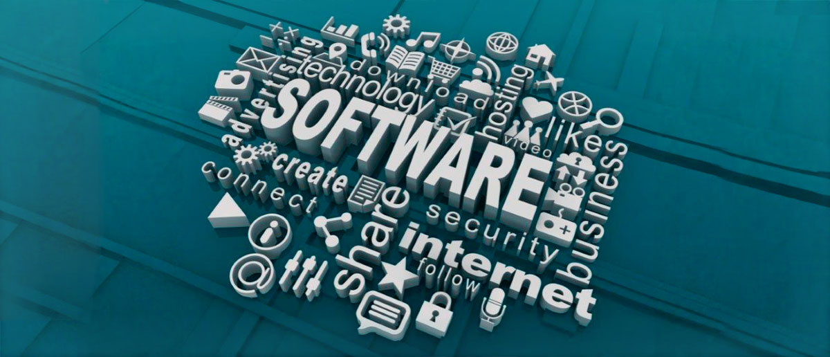 Infografía 3D con la palabra software como punto central y otras palabras e iconos de empresa.