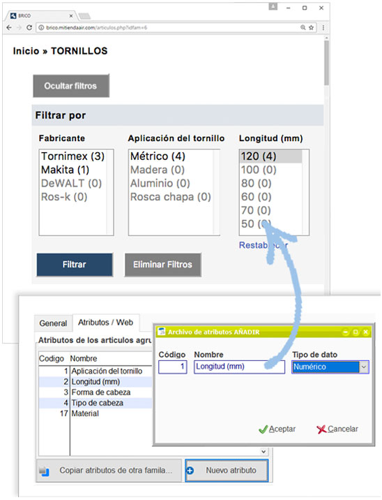 Filtros por carácterística de producto en tienda online de ferretería