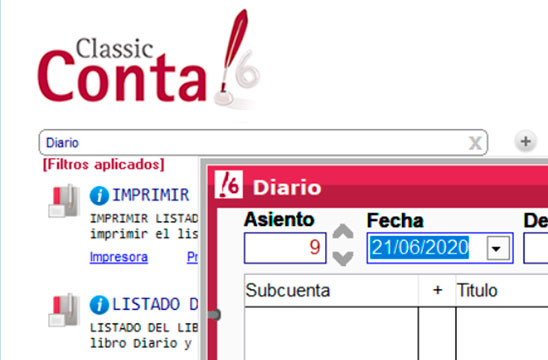 Diario de programa de contabilidad ClassicConta