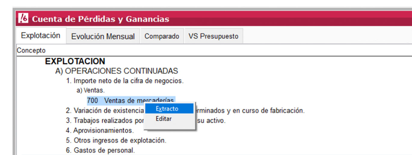 Extracto de cuenta de pérdidas y ganancias de programa de contabilidad ClassicConta