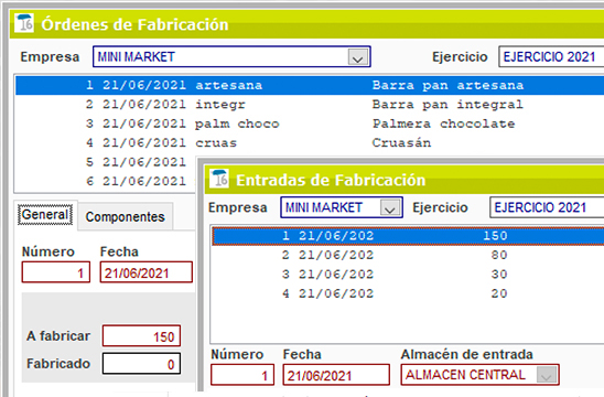 Ventanas órdenes y entradas de fabricación de ClassicGes Comercio