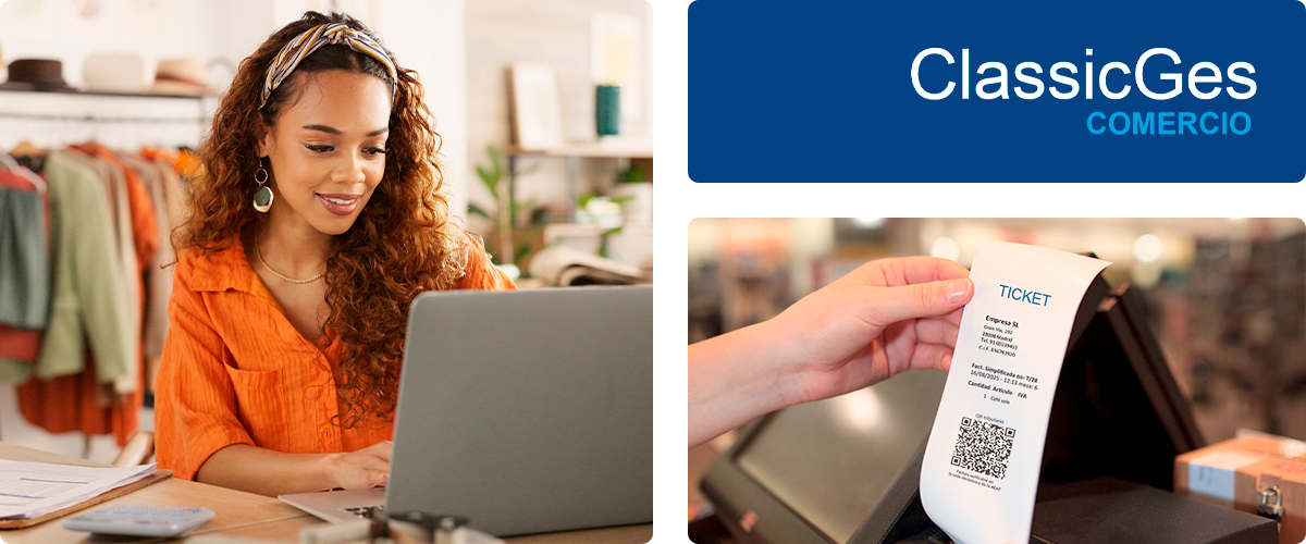 Mosaico de tres imágenes: chica en tienda de ropa sentada delante de un ordenador portátil, logo de ClassicGes y primer plano de mano sujetando ticket.