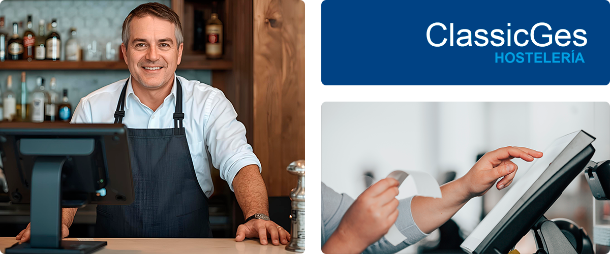 Mosaico de tres imágenes: Camarero detrás de la barra de un bar con TPV delante, logo de ClassicGes y primer plano usando TPV.