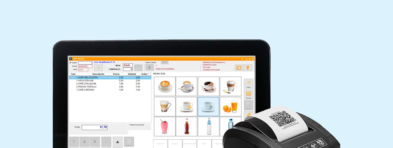 Monitor con TPV y impresora de tickets.