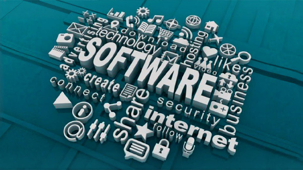 Infografía 3D con la palabra software como punto central y otras palabras e iconos de empresa.