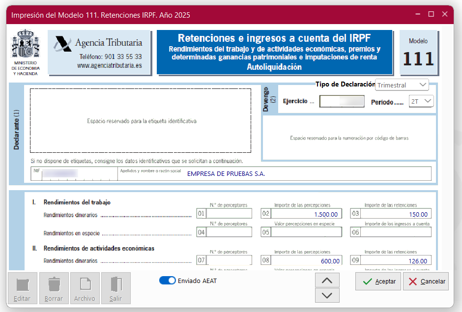 Ventana Impresión del Modelo 111 en ClassicConta 7.