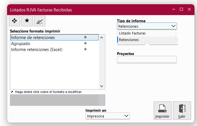 Ventana Listados R.IVA Facturas Recibidas en ClassicConta 7.