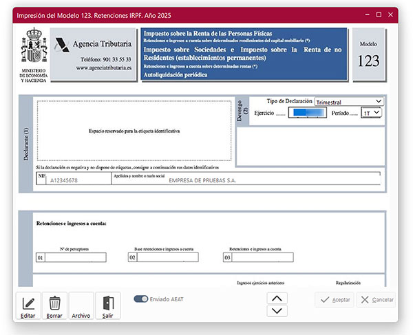 Ventana Impresión del Modelo 123 en ClassicConta 7.