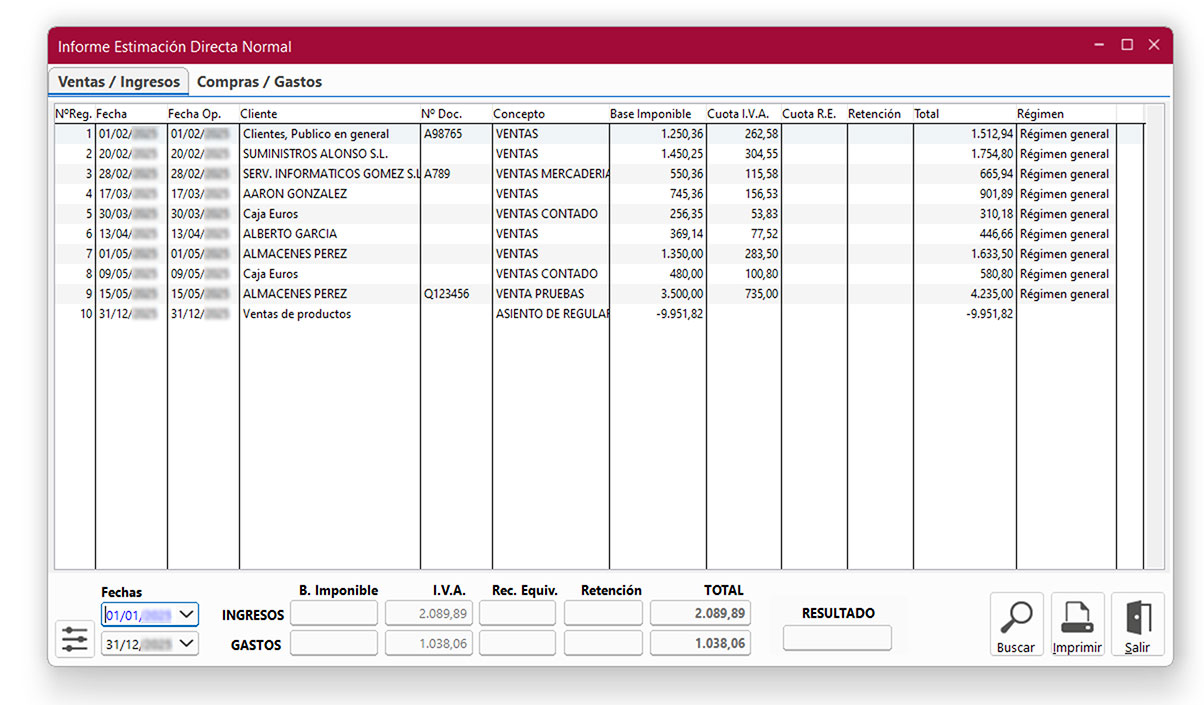 Ventana Informe Estimación Directa Normal en ClassicConta 7.