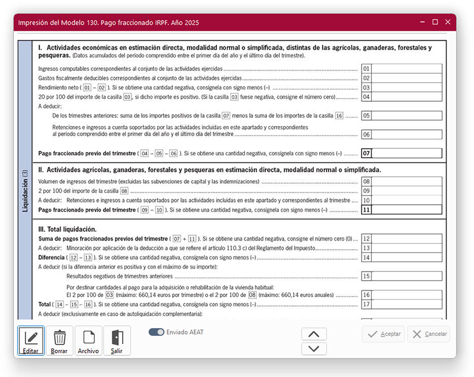 Ventana Impresión del Modelo 130 en ClassicConta 7.