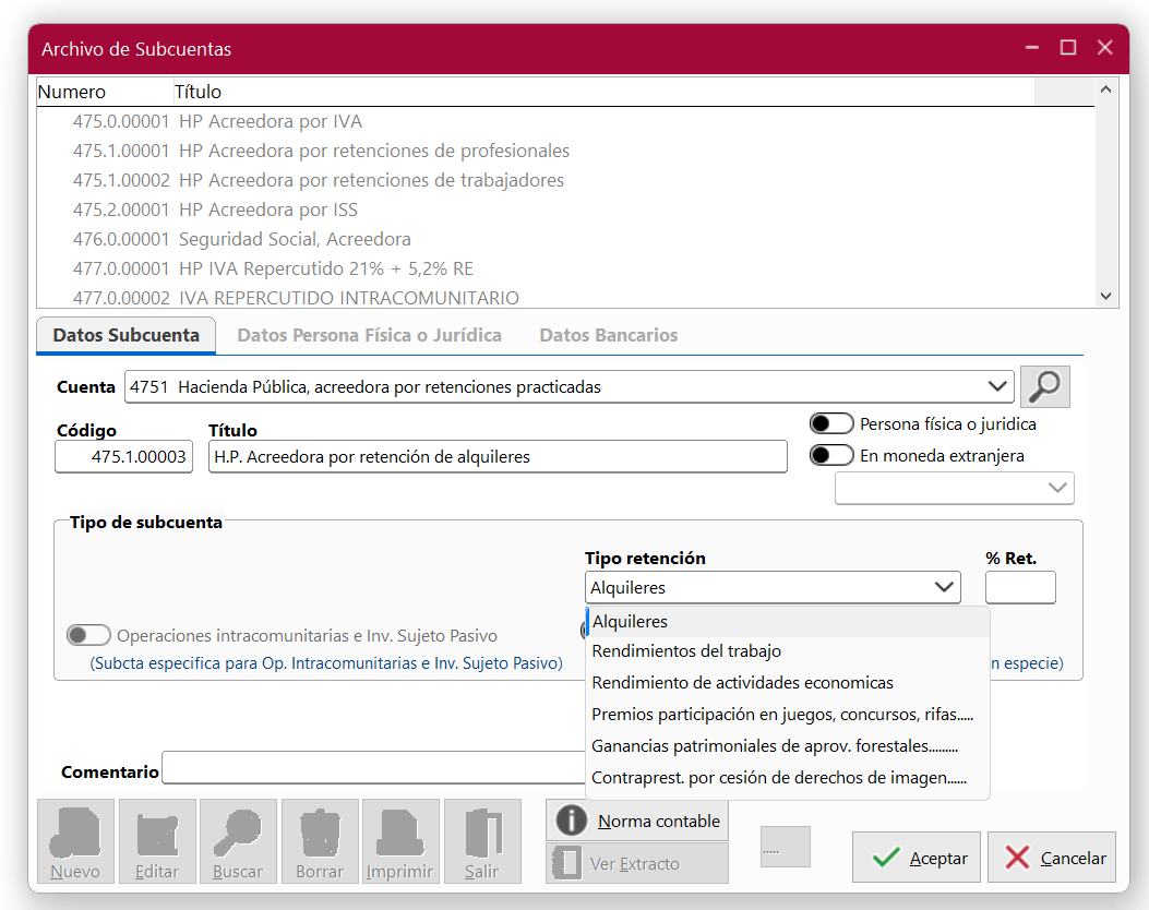 Ventana Archivo de Subcuentas en ClassicConta 7, pestaña Datos Subcuenta.