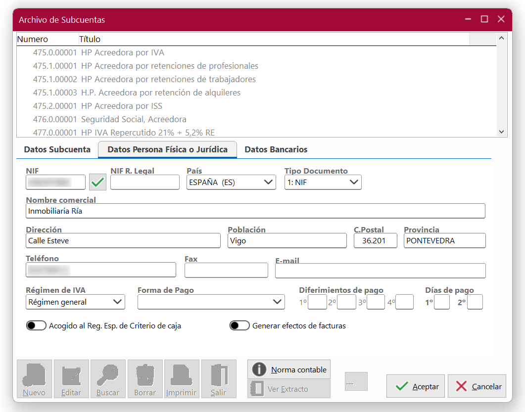 Ventana Archivo de Subcuentas en ClassicConta 7, pestaña Datos Persona Física o Jurídica.