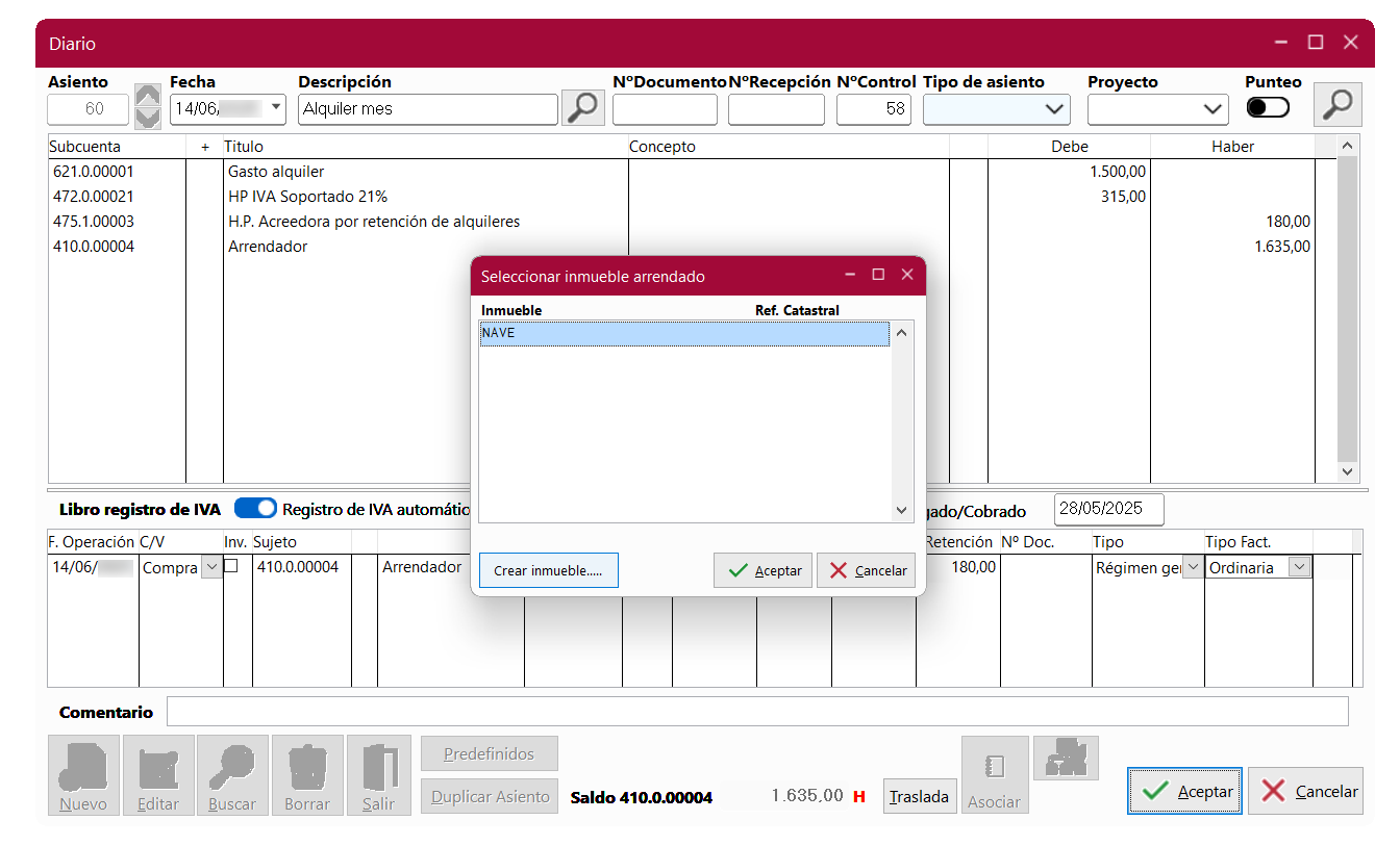 Ventana Diario en ClassicConta 7, con ventana contextual Seleccionar inmueble arrendado.