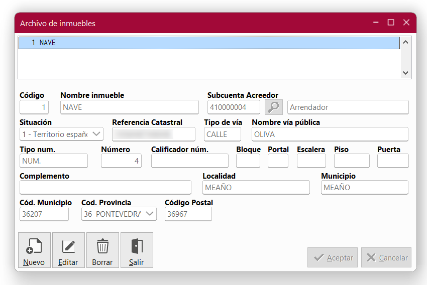 Ventana Archivo de inmuebles en ClassicConta 7.