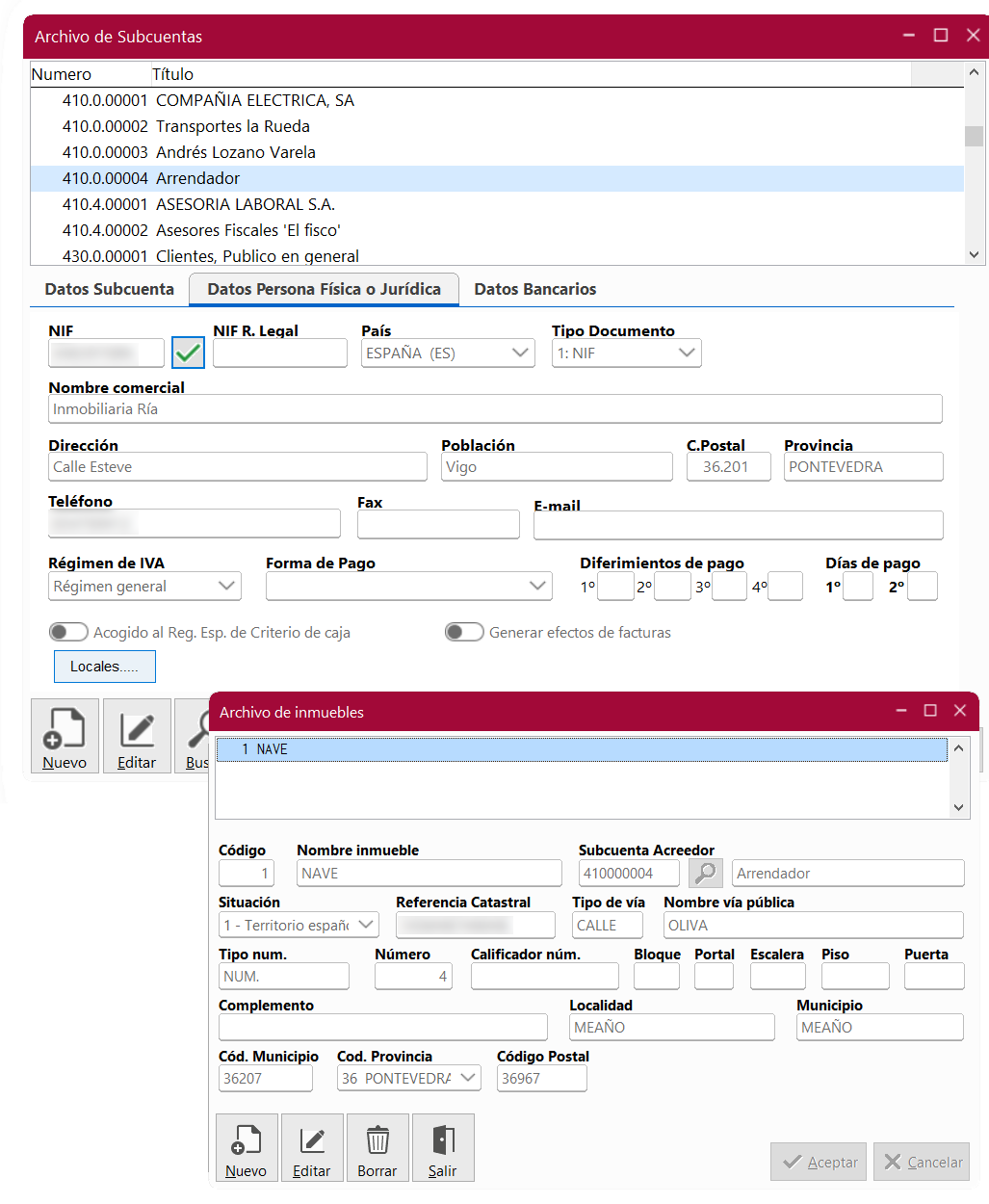 Ventanas Archivo de Subcuentas y Archivo de inmuebles en ClassicConta 7.