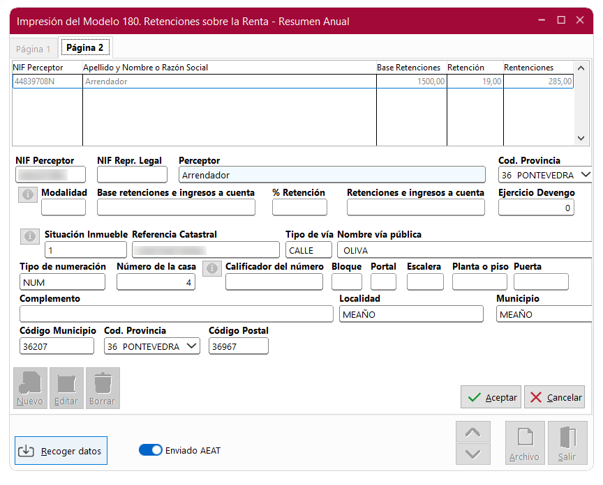 Ventanas Impresión del Modelo 180. Retenciones sobre la Renta - Resumen Anual, página 2  en ClassicConta 7.