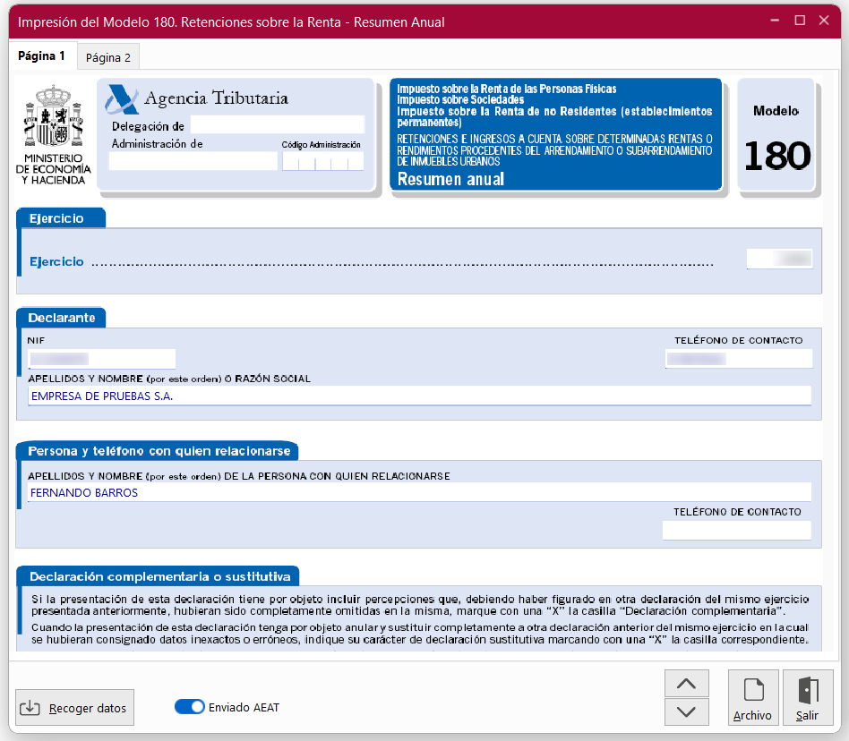 Ventanas Impresión del Modelo 180. Retenciones sobre la Renta - Resumen Anual, página 1 en ClassicConta 7.