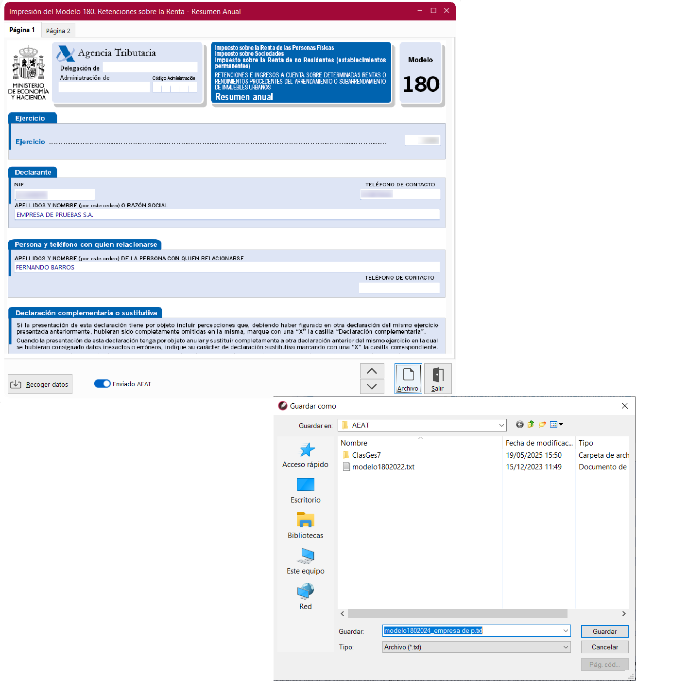 Ventanas Impresión del Modelo 180. Retenciones sobre la Renta - Resumen Anual, ventana Guardar como en ClassicConta 7.