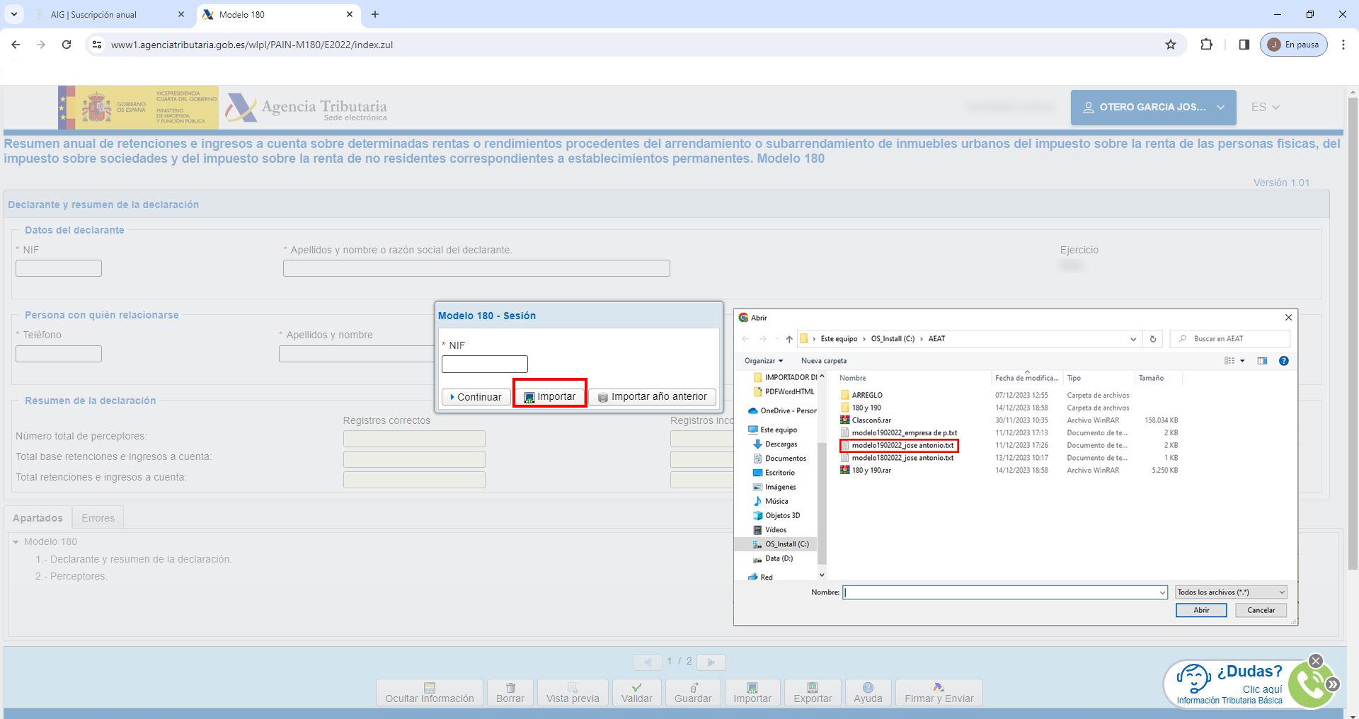 Modelo 180 en página web AEAT