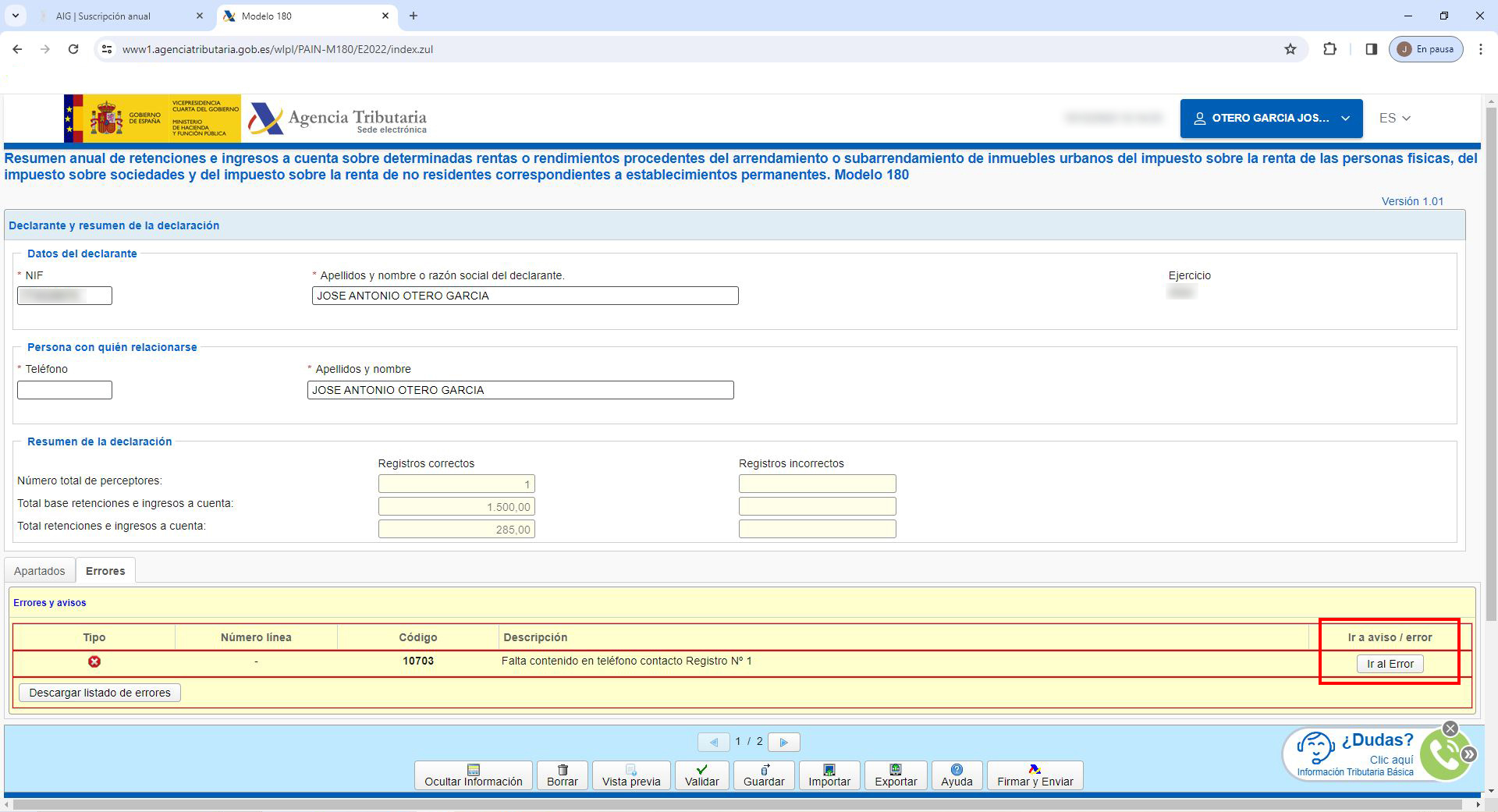 Modelo 180 en página web AEAT