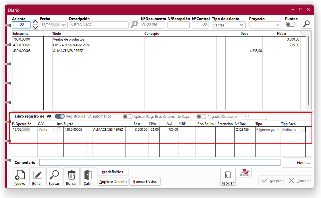 Ventana Diario en ClassicConta 7.