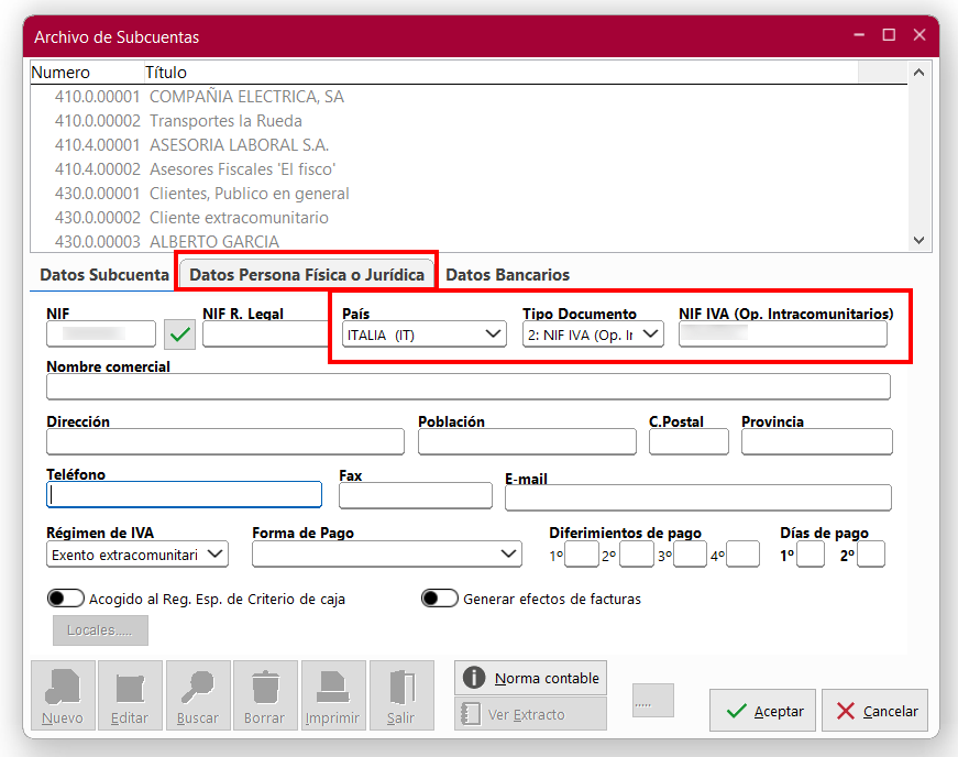 Ventana Archivo de Subcuentas en ClassicConta 7.