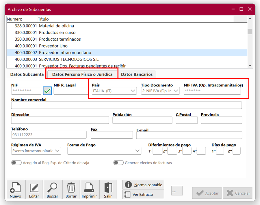 Ventana Archivo de Subcuentas en ClassicConta 7.