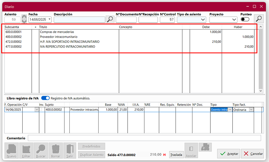 Ventana Diario en ClassicConta 7.