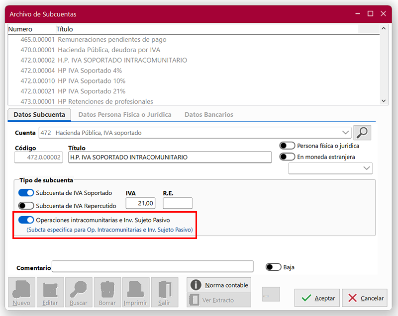 Ventana Archivo de Subcuentas en ClassicConta 7.