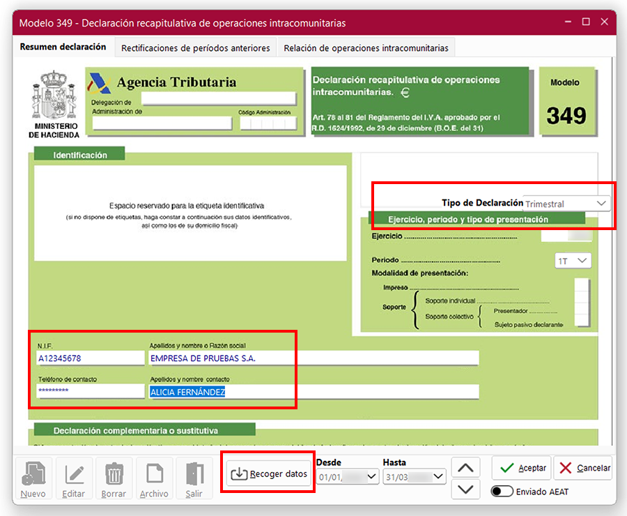 Ventana Modelo 349 - Declaración recapitulativa de operaciones intracomunitarias en ClassicConta 7.