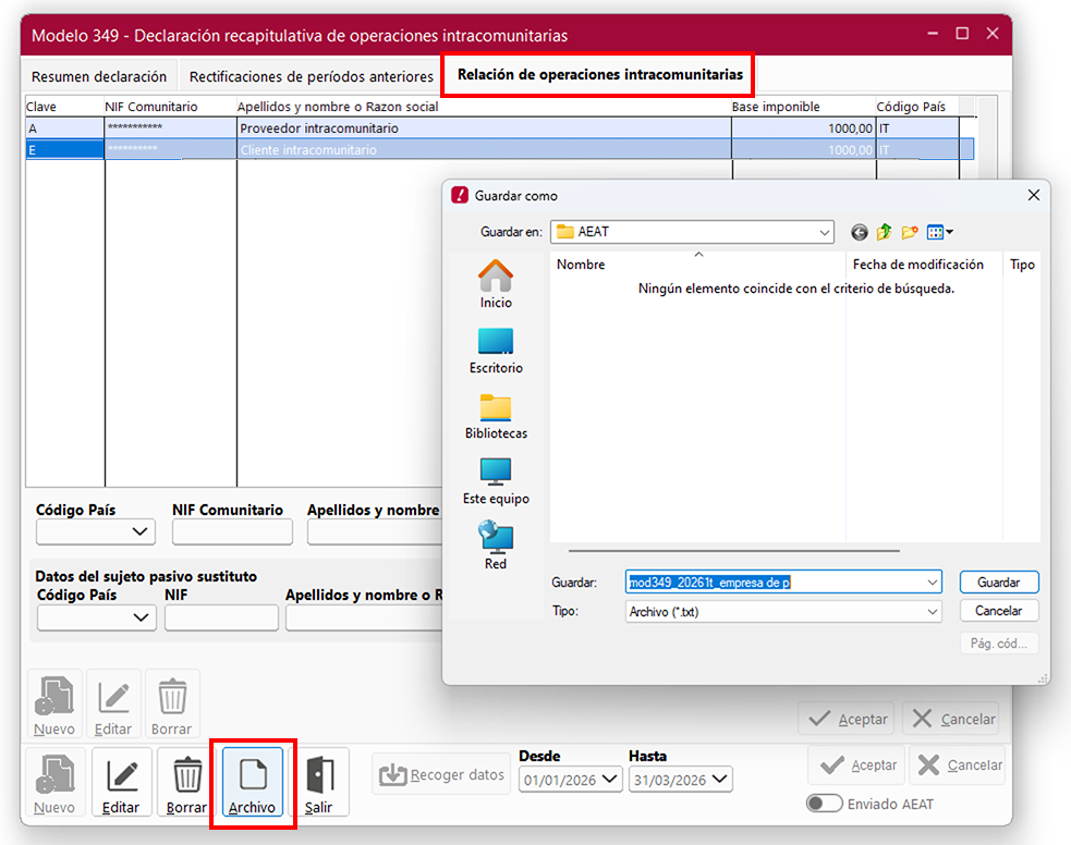 Ventana Modelo 349 - Declaración recapitulativa de operaciones intracomunitarias en ClassicConta 7.