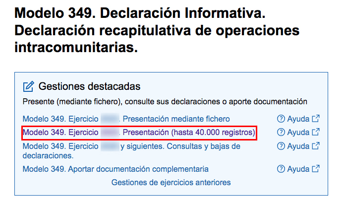 Modelo 349 - Declaración recapitulativa de operaciones intracomunitarias en la web de la AEAT.