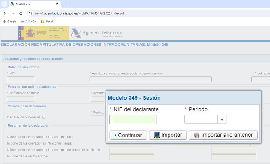 Modelo 349 - Sesión en la web de la AEAT.
