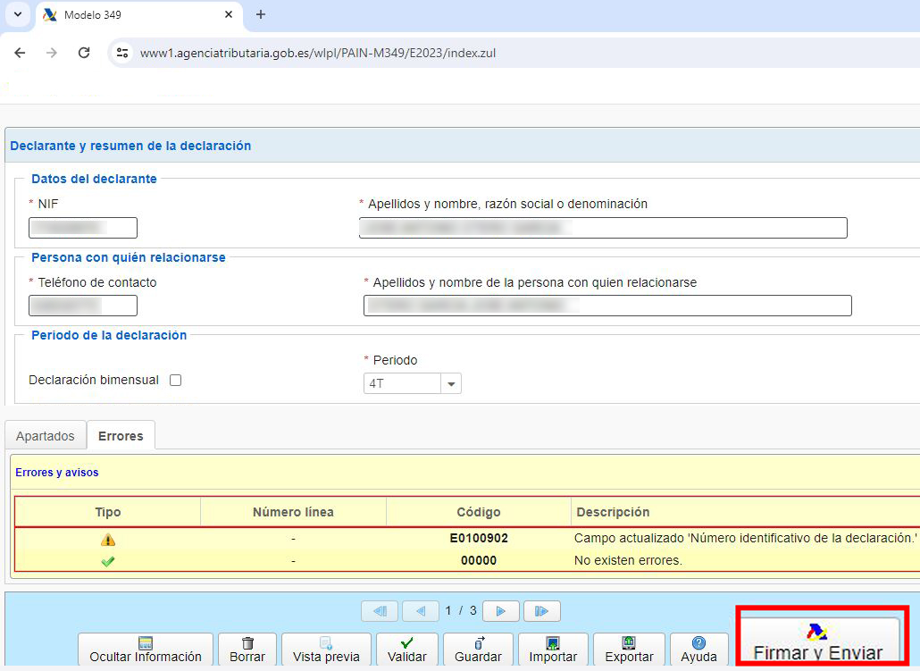 Modelo 349: botón Firmar y Enviar en la web de la AEAT.