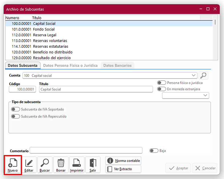 Ventana Archivo de Subcuentas en ClassicConta.