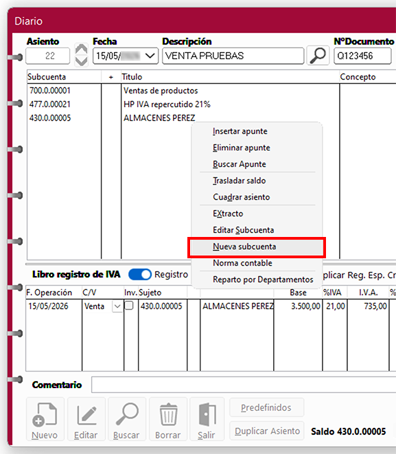 Ventana Diario en ClassicConta.