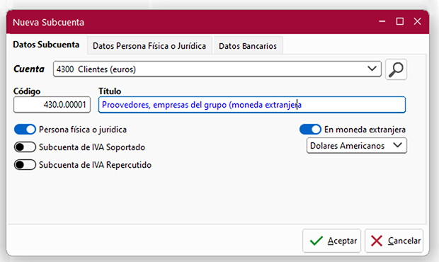 Ventana Nueva subcuenta en ClassicConta.