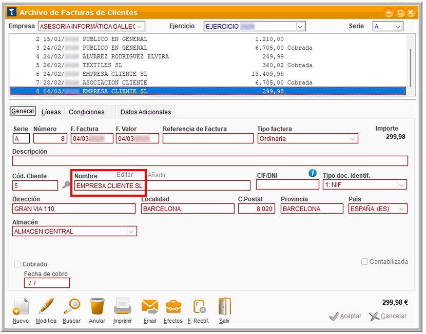 Ventana Archivo de Facturas de Clientes en ClassicGes 6.