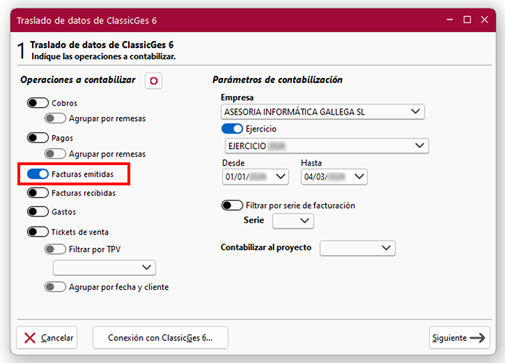 Ventana Traslado de datos de ClassicGes 6, pantalla 1: conmutador Facturas emitidas en ClassicConta.