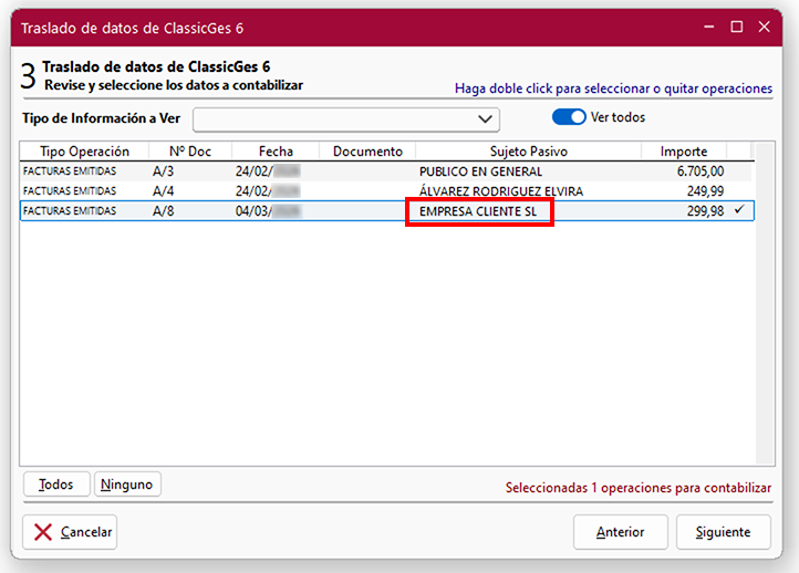 Ventana Traslado de datos de ClassicGes 6, pantalla 3 en ClassicConta.