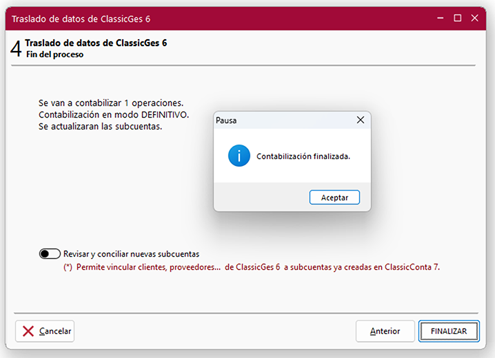Ventana Traslado de datos de ClassicGes 6, pantalla 4 en ClassicConta.