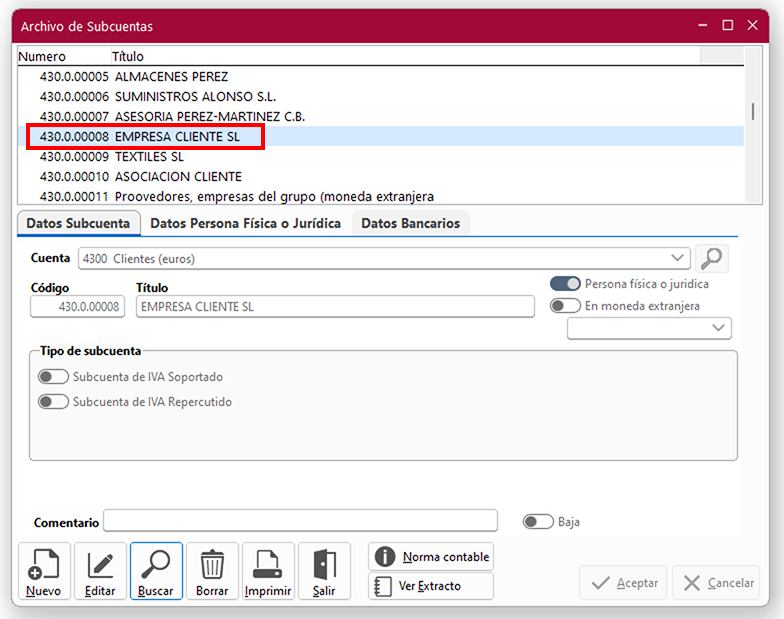 Ventana Archivo de Subcuentas en ClassicConta.