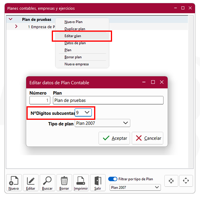 Ventana Planes contables, empresas y ejercicios en ClassicConta.