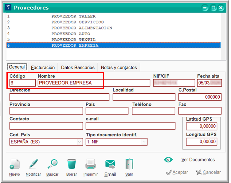 Ventana Proveedores: Código y Nombre en ClassicGes 6.