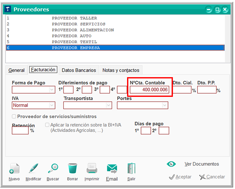 Ventana Proveedores: Nº Cta. Contable en ClassicGes 6.