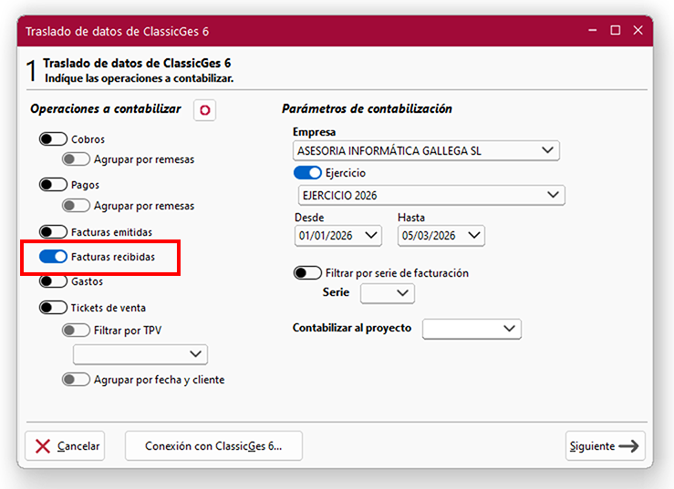 Ventana Traslado de datos de ClassicGes 6, pantalla 1: Facturas recibidas en ClassicConta.
