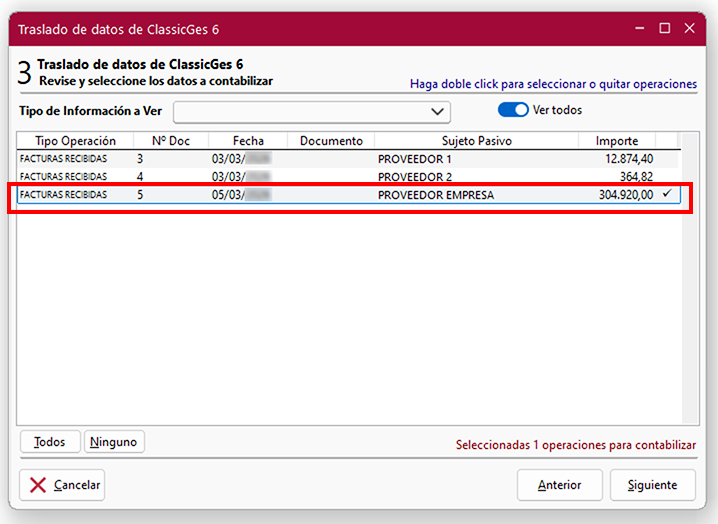 Ventana Traslado de datos de ClassicGes 6, pantalla 3 en ClassicConta.