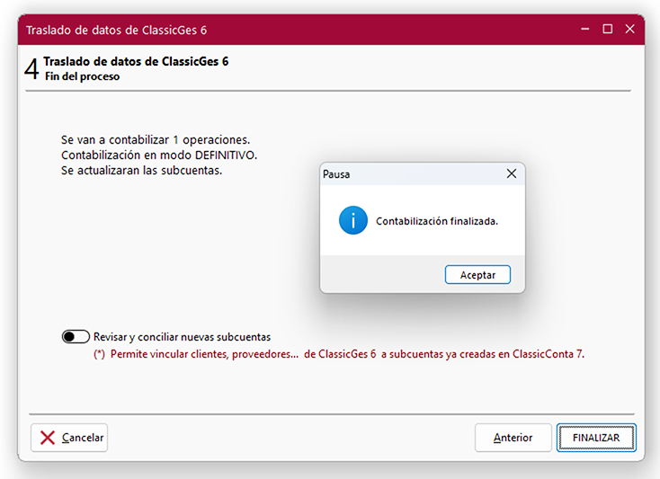 Ventana Traslado de datos de ClassicGes 6, pantalla 4 en ClassicConta.