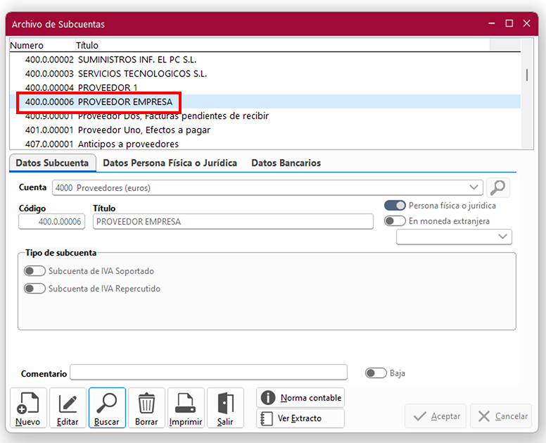 Ventana Archivo de Subcuentas en ClassicConta.