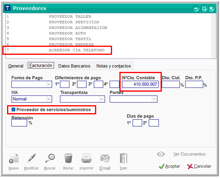 Ventana Proveedores: destacado en Nº Cta. Contable y Proveedor de servicios/suministros en ClassicConta.